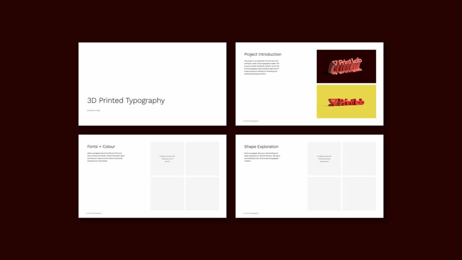 4 example portfolio template slides from PrintLab's 3D printed typography project.