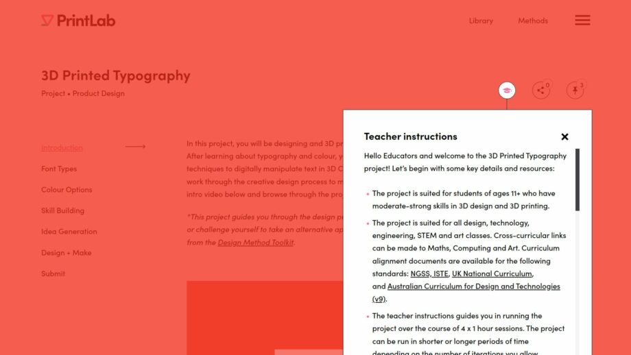 A website screen showing the teacher instructions pop down menu from PrintLab's 3D printed typography project.