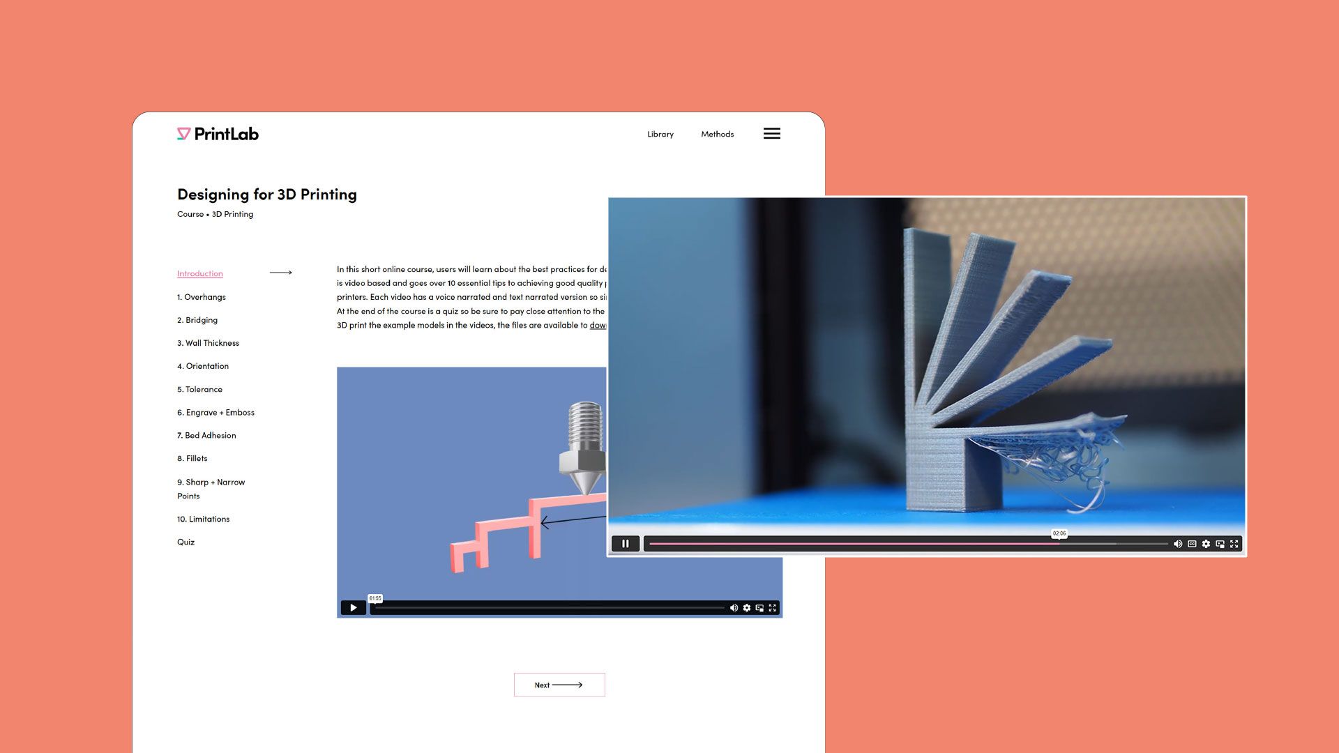 A website screen showing PrintLab's 'Designing for 3D Printing' learning platform.