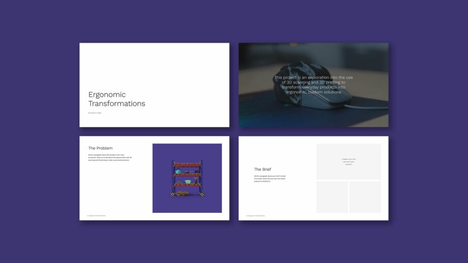 4 example portfolio template slides from PrintLab's ergonomic transformations project.