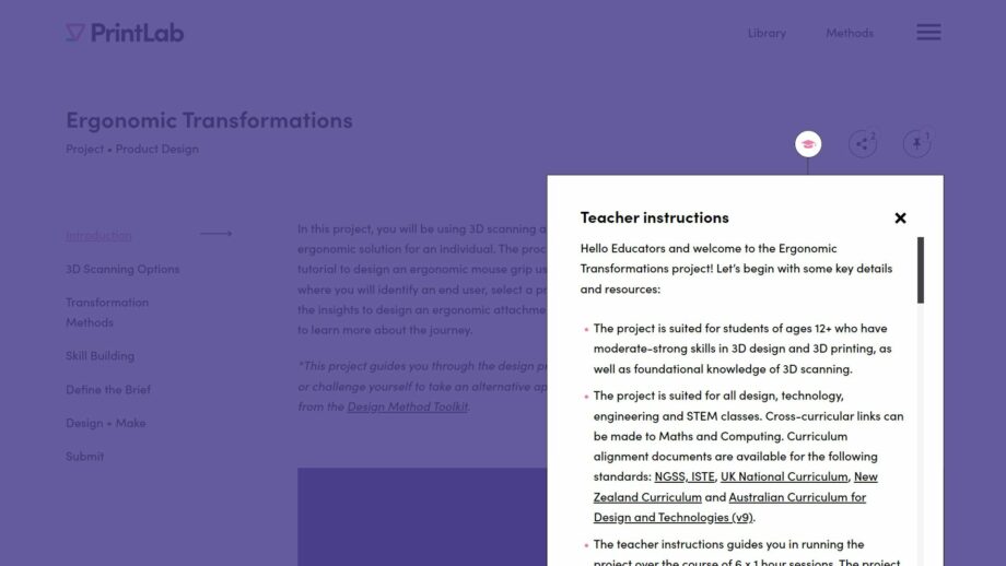 A website screen showing the teacher instructions pop down menu from PrintLab's ergonomic transformations project.