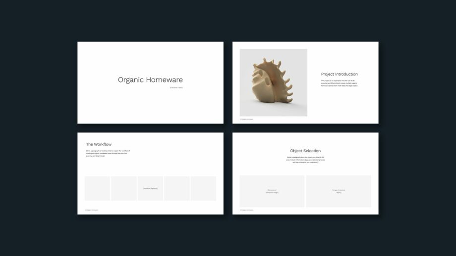 4 example portfolio template slides from PrintLab's organic homeware project.