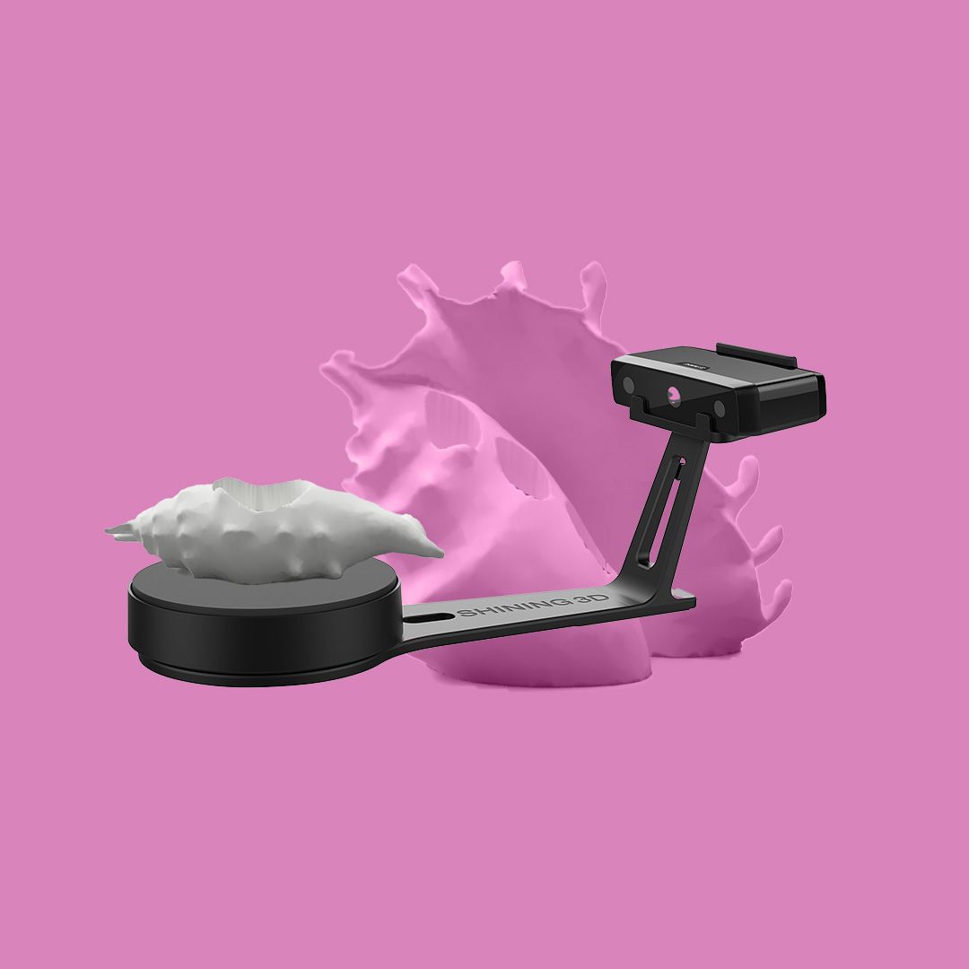 Photomontage of the Einscan-SE 3D scanner with a shell on the turntable.