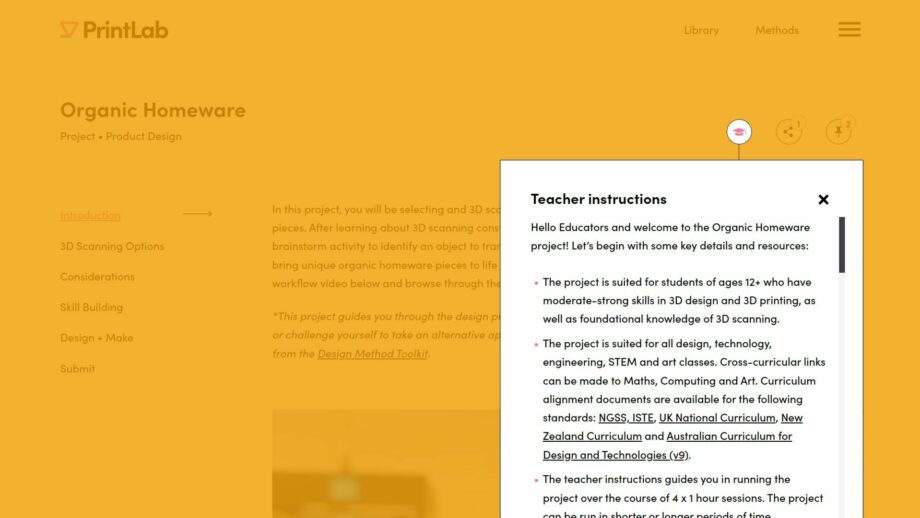 A website screen showing the teacher instructions pop down menu from PrintLab's organic homeware project.