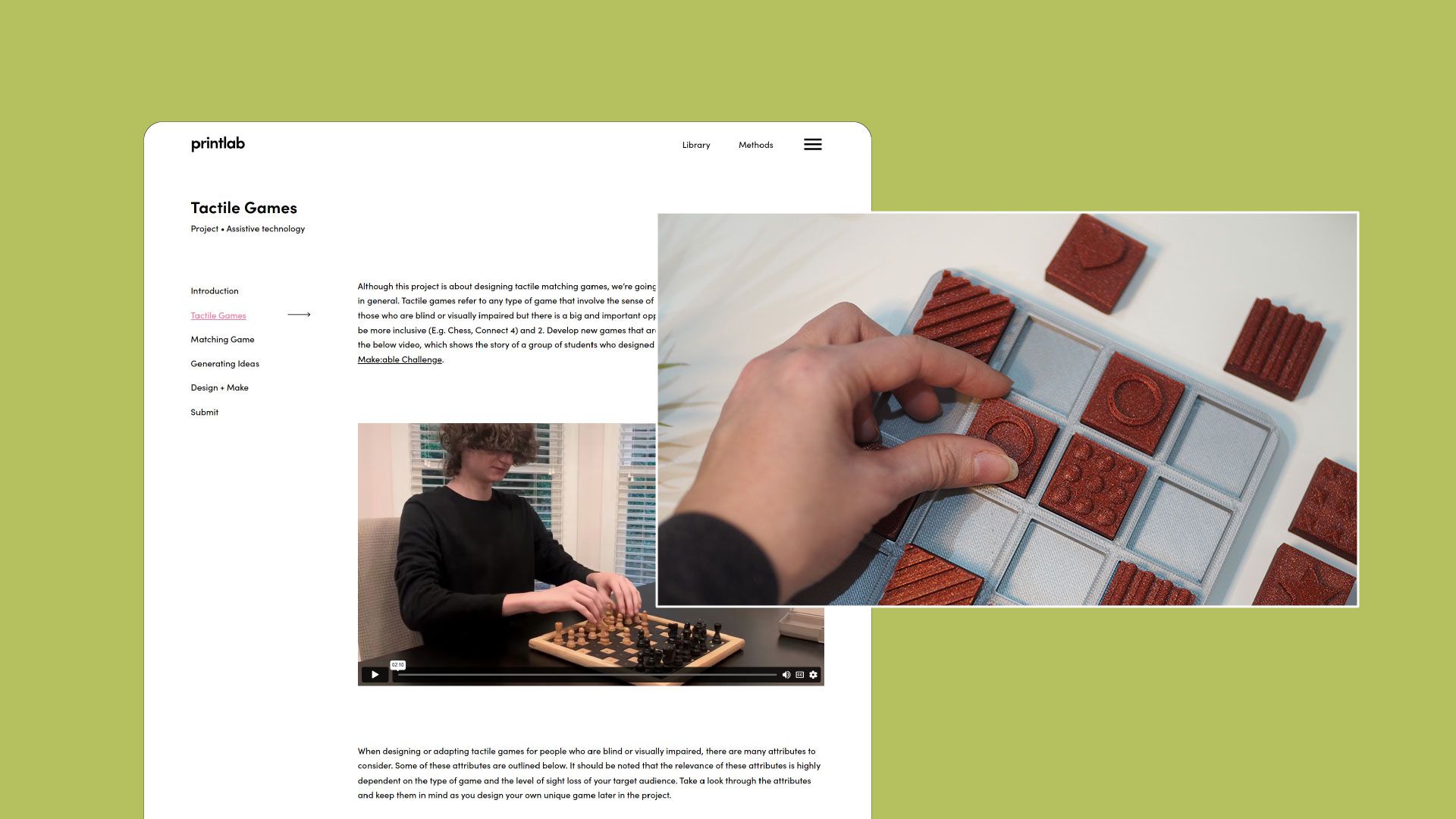 A website screen showing PrintLab's 'Tactile Games' project learning platform.