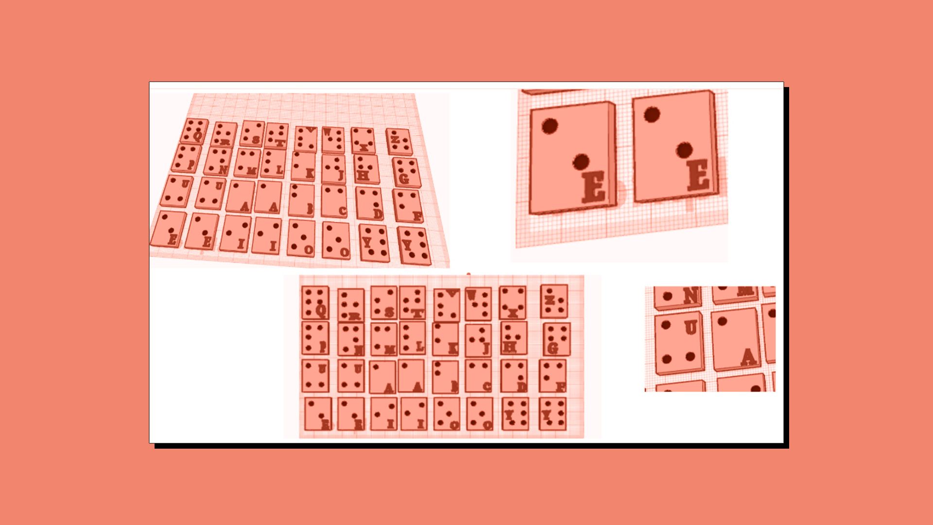 A Tinkercad 3D design of a braille bananagrams game.