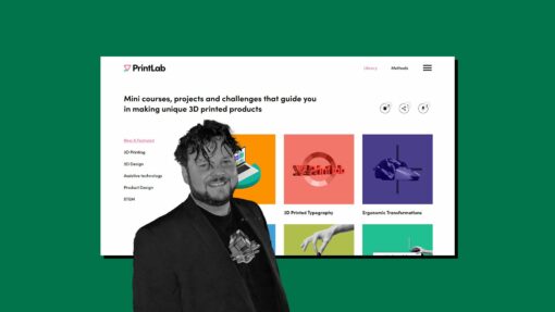Tim Carr from MindKits (New Zealand) infront of a website screen showing PrintLab's 3D printing learning platform.