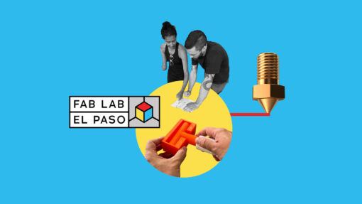 A collage of 2 people collaborating on a 3D printing project with the Fab Lab El Paso logo on top.