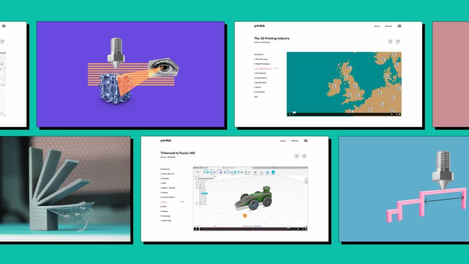 A series of website screens showing different parts of PrintLab's 3D printing learning platform.