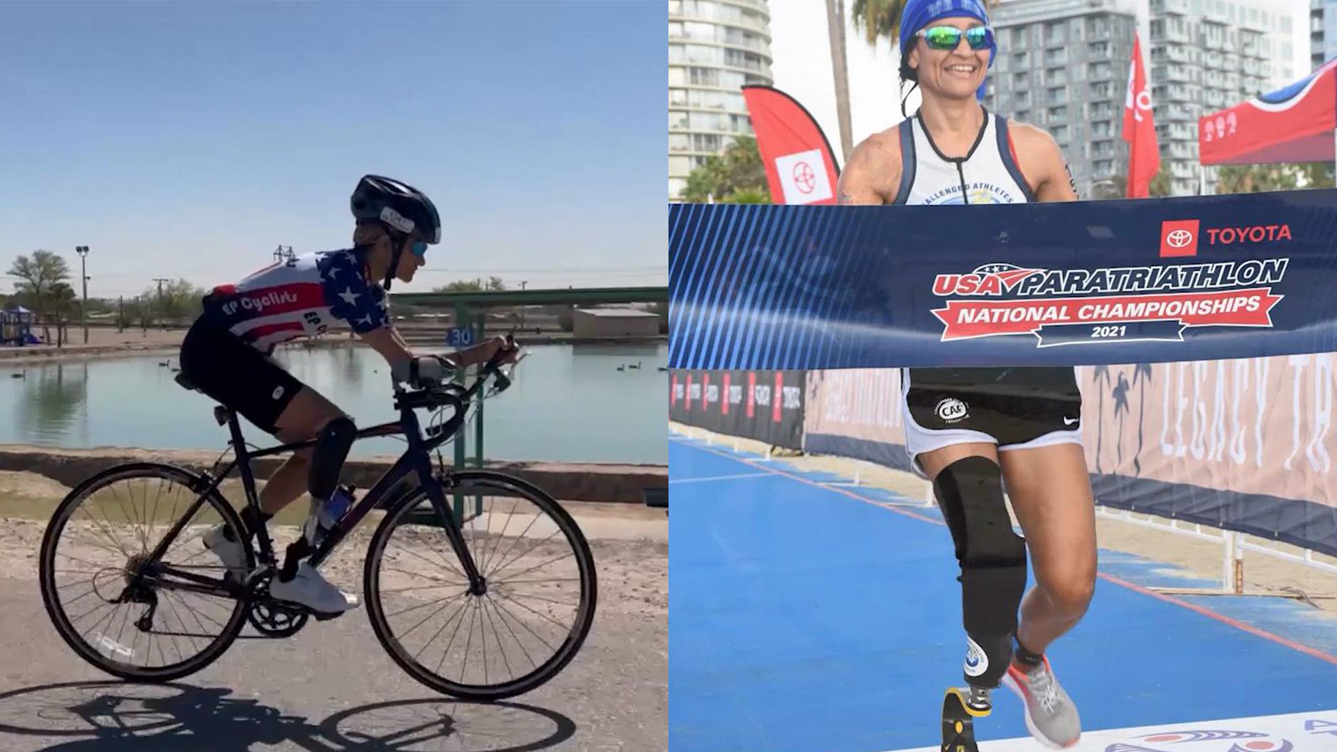 Juiasca Rodriguez riding a bicyle and running as part of a triathlon event.