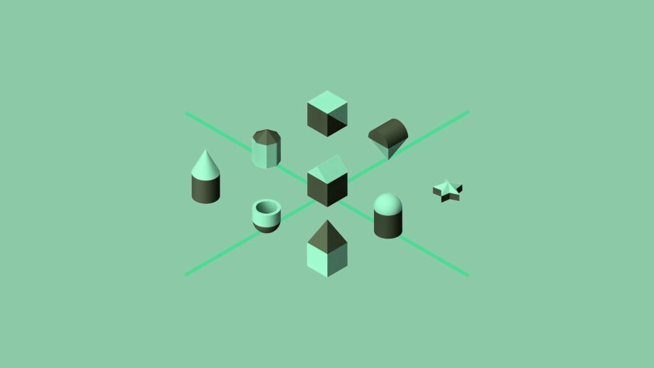 Isometric view of 9 different geometric shapes.