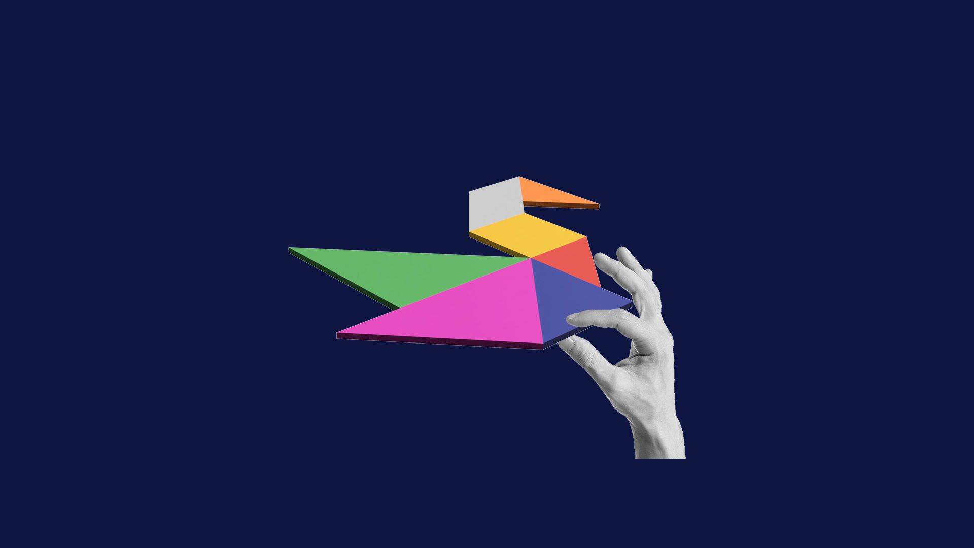 Hand holding a multi-coloured tactile tangram puzzle.