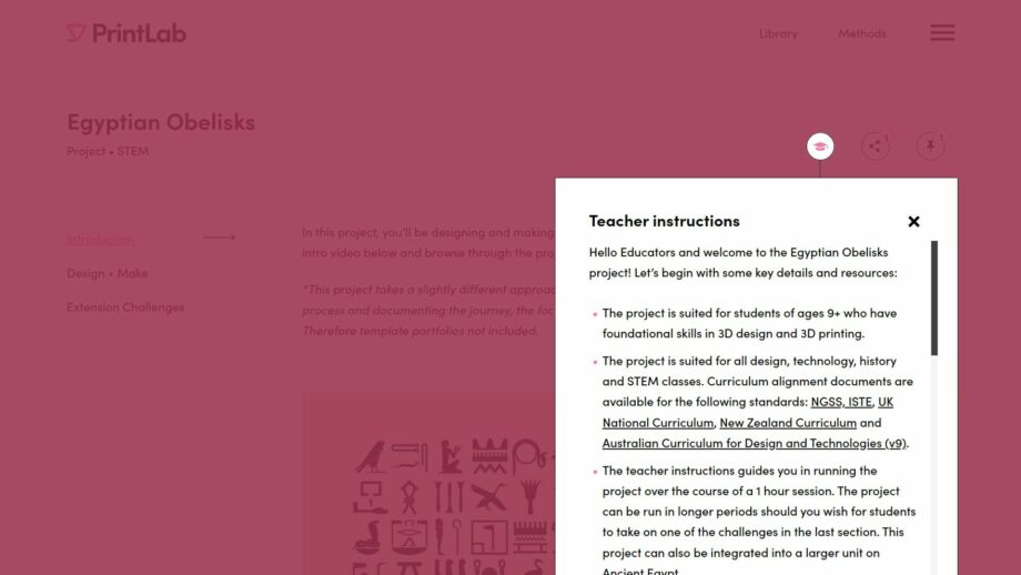 A website screen showing the teacher instructions pop down menu from PrintLab's Egyptian Obelisks project.