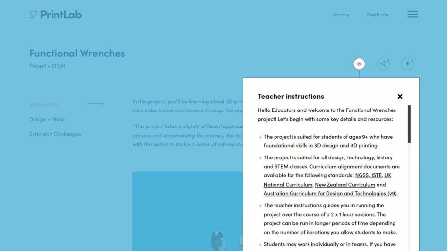 A website screen showing the teacher instructions pop down menu from PrintLab's wrench project.