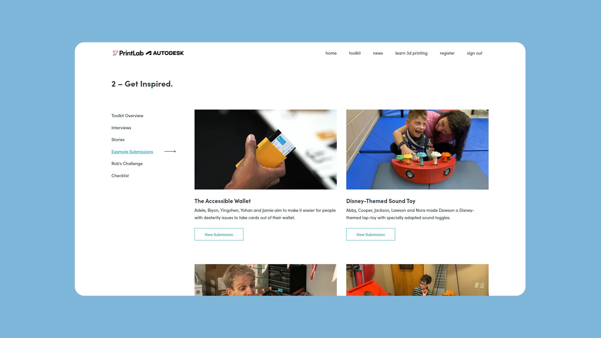 Website screen showing the get inspired toolkit from the Make:able Challenge.