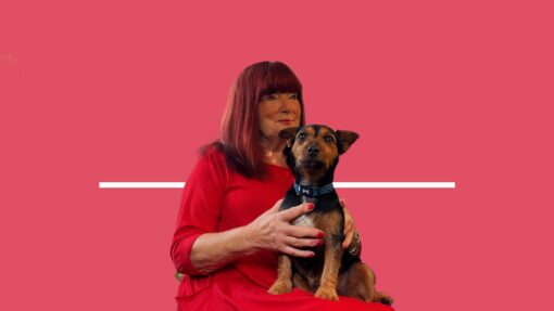 Make:able Champion, Cath, with her dog Sammy on her lap.