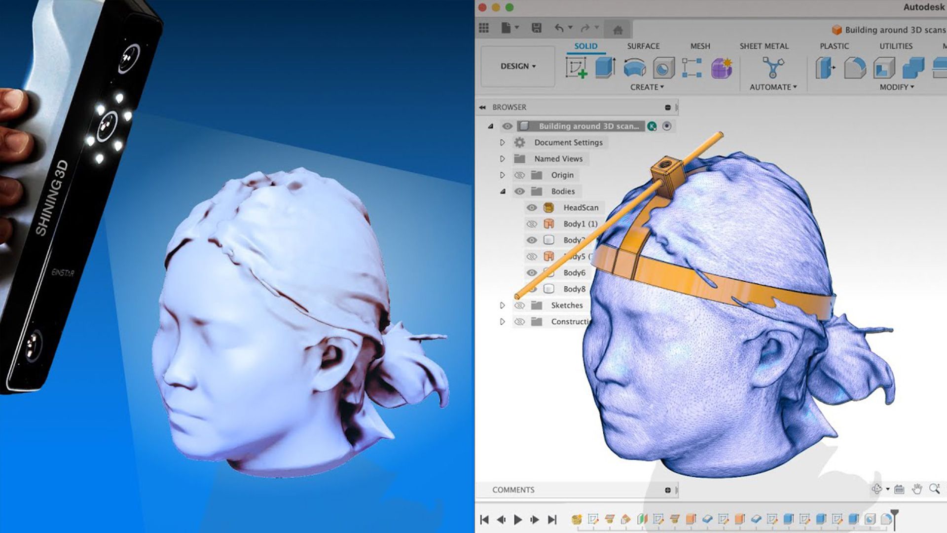 A screen showing a Fusion 360 model of a head scan with an assistive head pointer device designed around it.