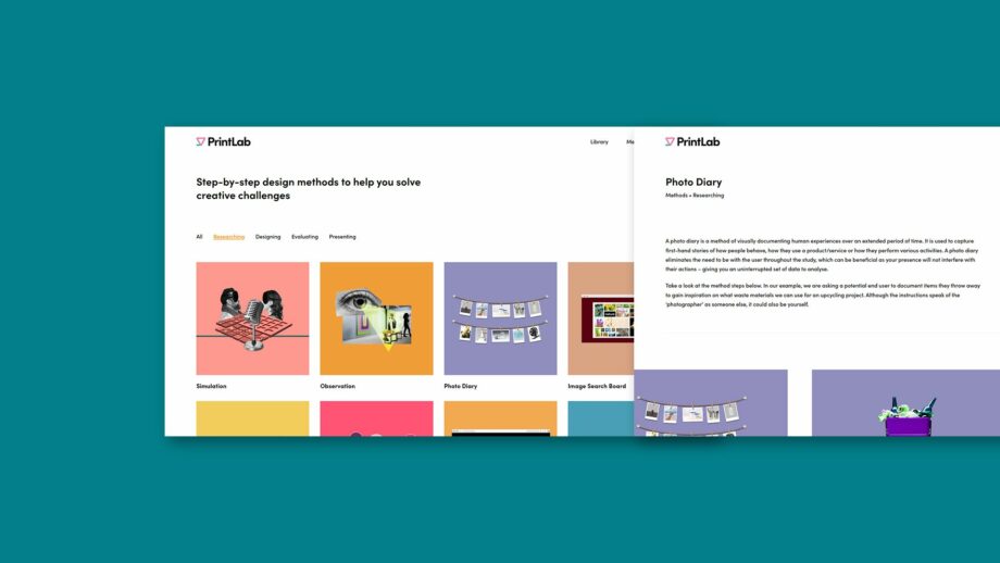2 website screens showing PrintLab's design method toolkit.