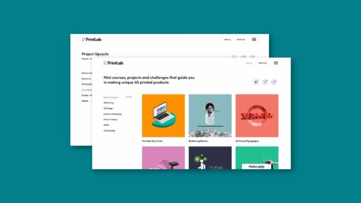2 website screens showing PrintLab's 3D printing project library.