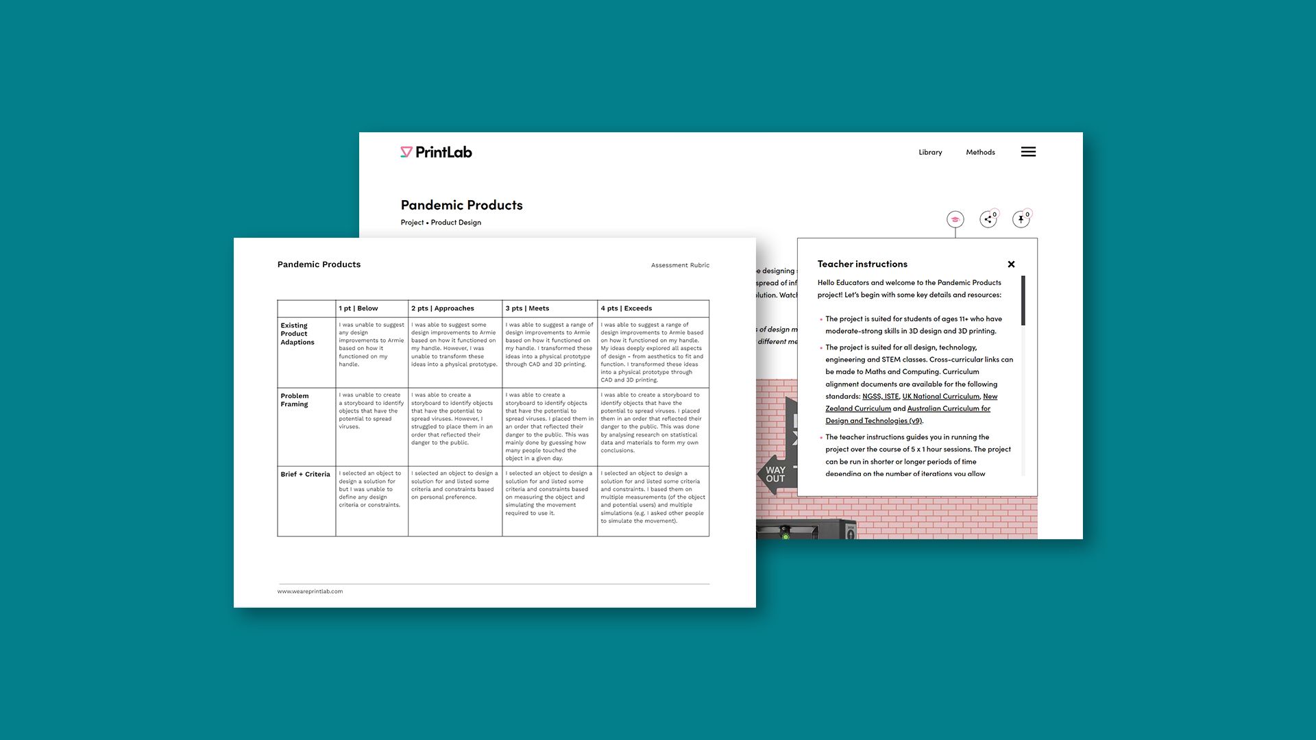 2 screens showing PrintLab's teacher instructions drop-down and an example assessment rubric.