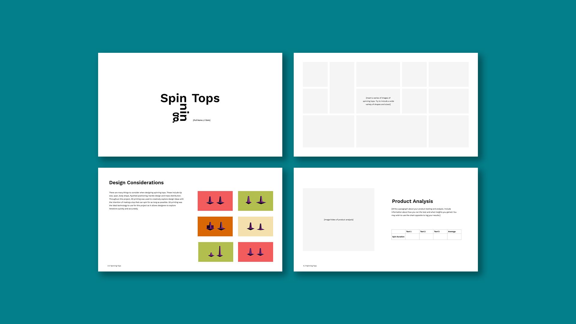 4 pages from PrintLab's spinning top project portfolio template.