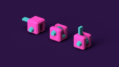 3 3d models of a rack and pinion mechanism cube.