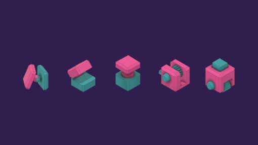 A row of mechanism cube 3D models, including a ball and socket, hinge, screw, rack and pinion and CAM.