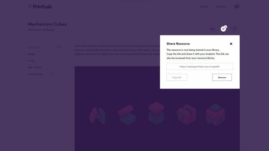 A website screen showing the teacher instructions pop down menu from PrintLab's mechanism cube mini course.