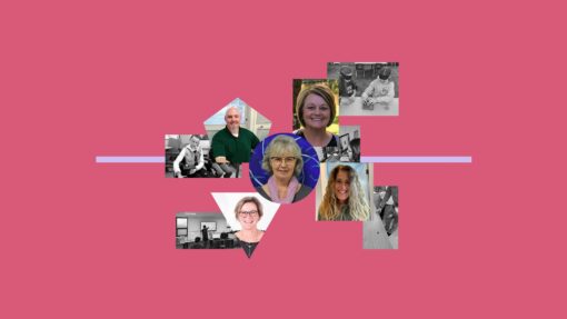 A collage of images featuring 5 PrintLab Pioneer teachers and their student work