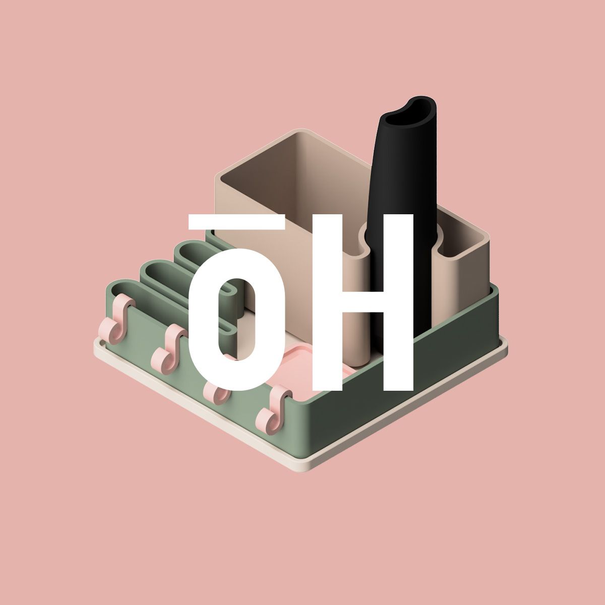 A 3D model of a modular desk organiser set with the oH Foundation logo overlaid on top.