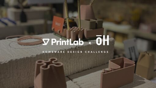 A set of 3D printed desk organisers with the PrintLab and oH Foundation logos overlaid.