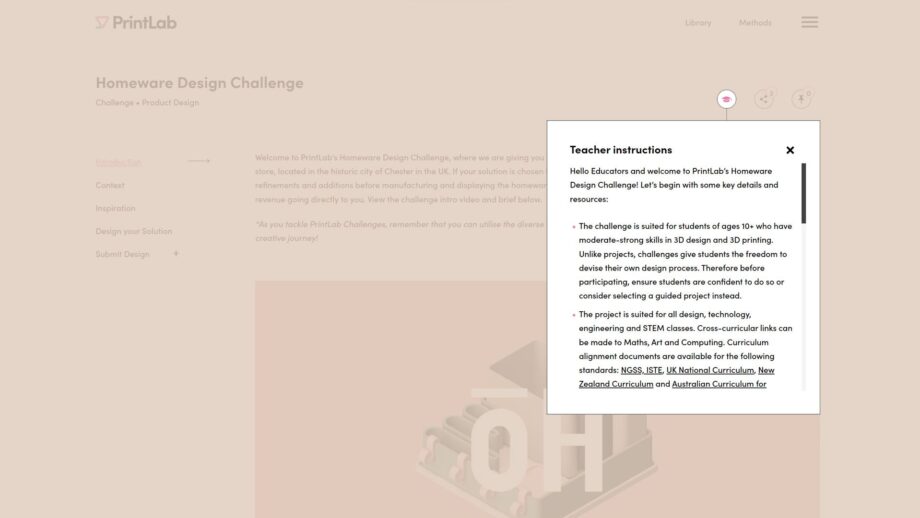 A website screen showing the teacher instructions for PrintLab's Homeware Design Challenge.