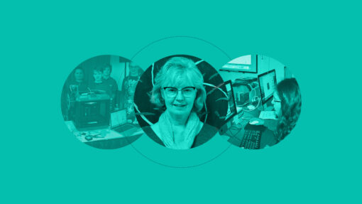 Headshot image of STEM teacher Michele Brezovec, alongside images of her 3D printing classes