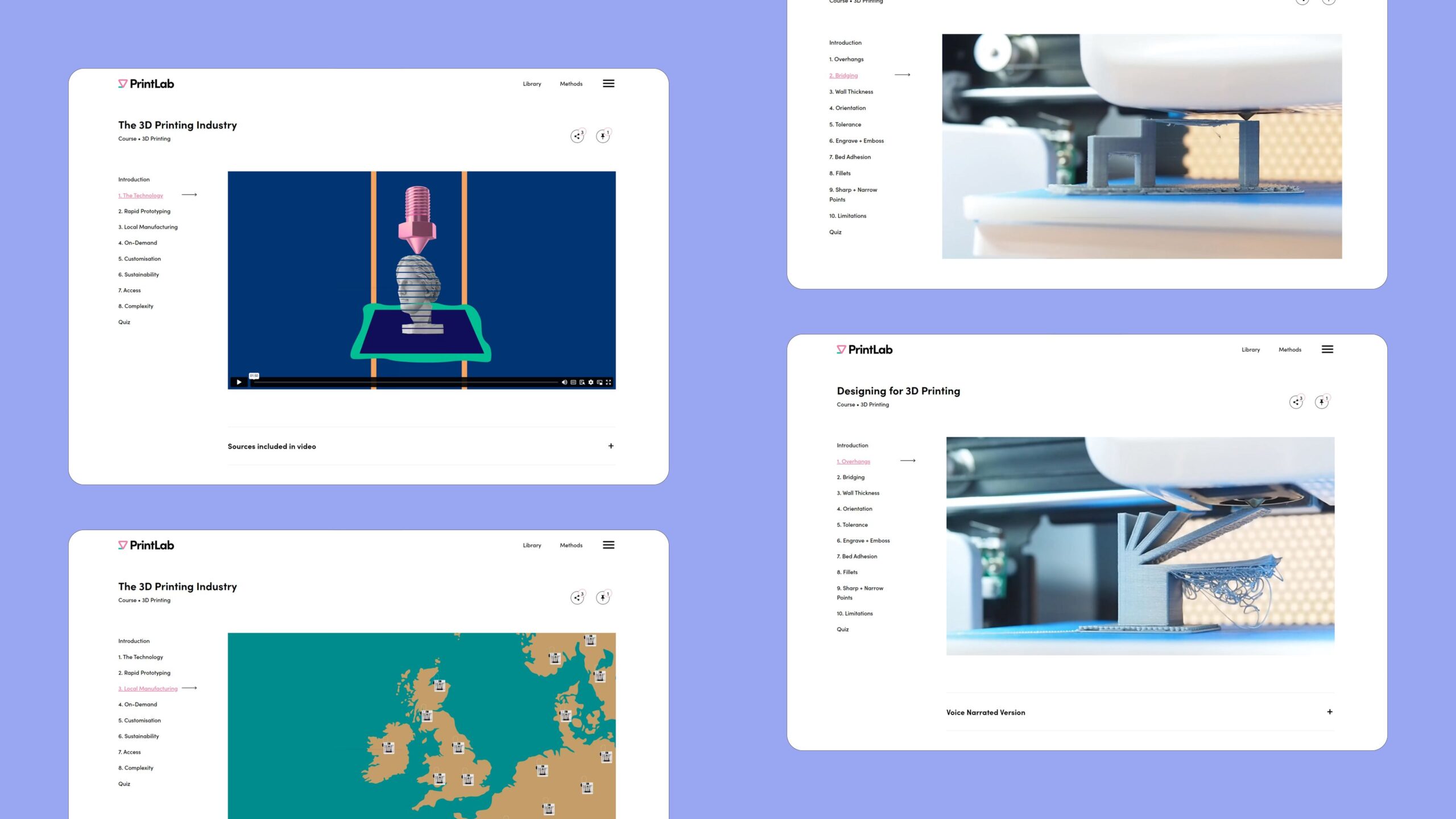 Website screens showing the learning platforms for PrintLab's Intro to 3D printing courses