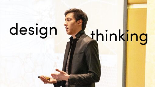 Educator Jose Antonio with the words 'design thinking' overlaid onto the image.