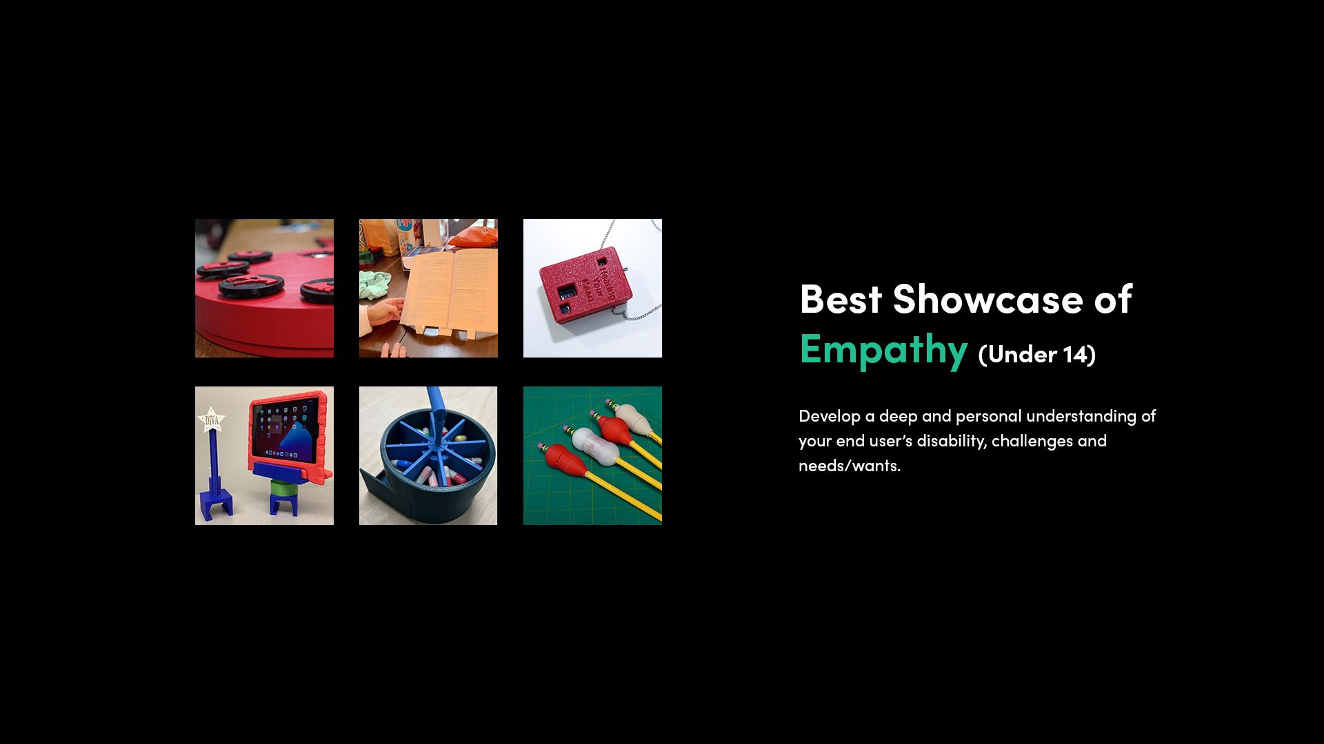 A selection of 3D printed assistive devices that made the finalist shortlist for the Make:able Challenge, in the category 'Best Showcase of Empathy - Under 14'.