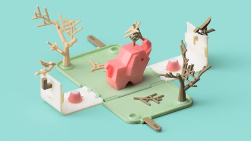 A 3d model of Pinchee - a 3D printable dexterity stacking game, which involves building a nest on top of an elephant