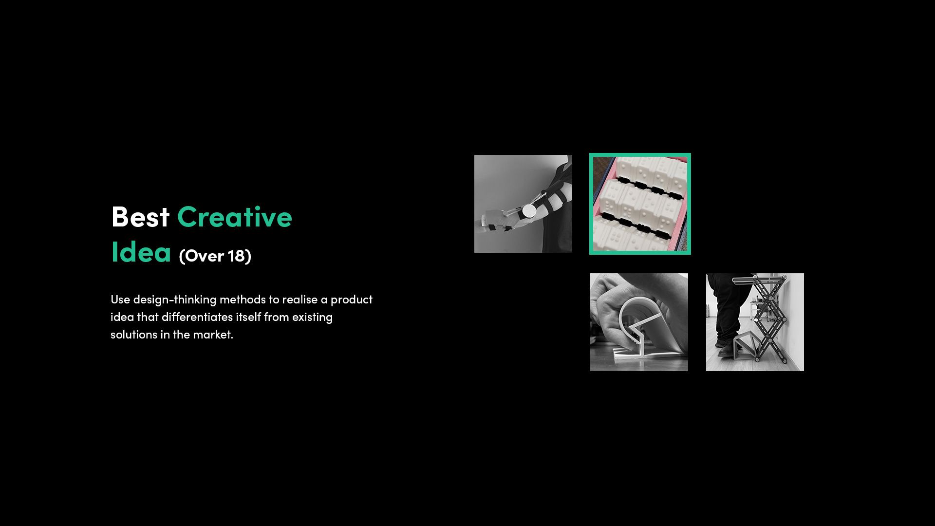 A selection of 3D printed assistive devices that made the finalist shortlist for the Make:able Challenge, with the winner highlighted.