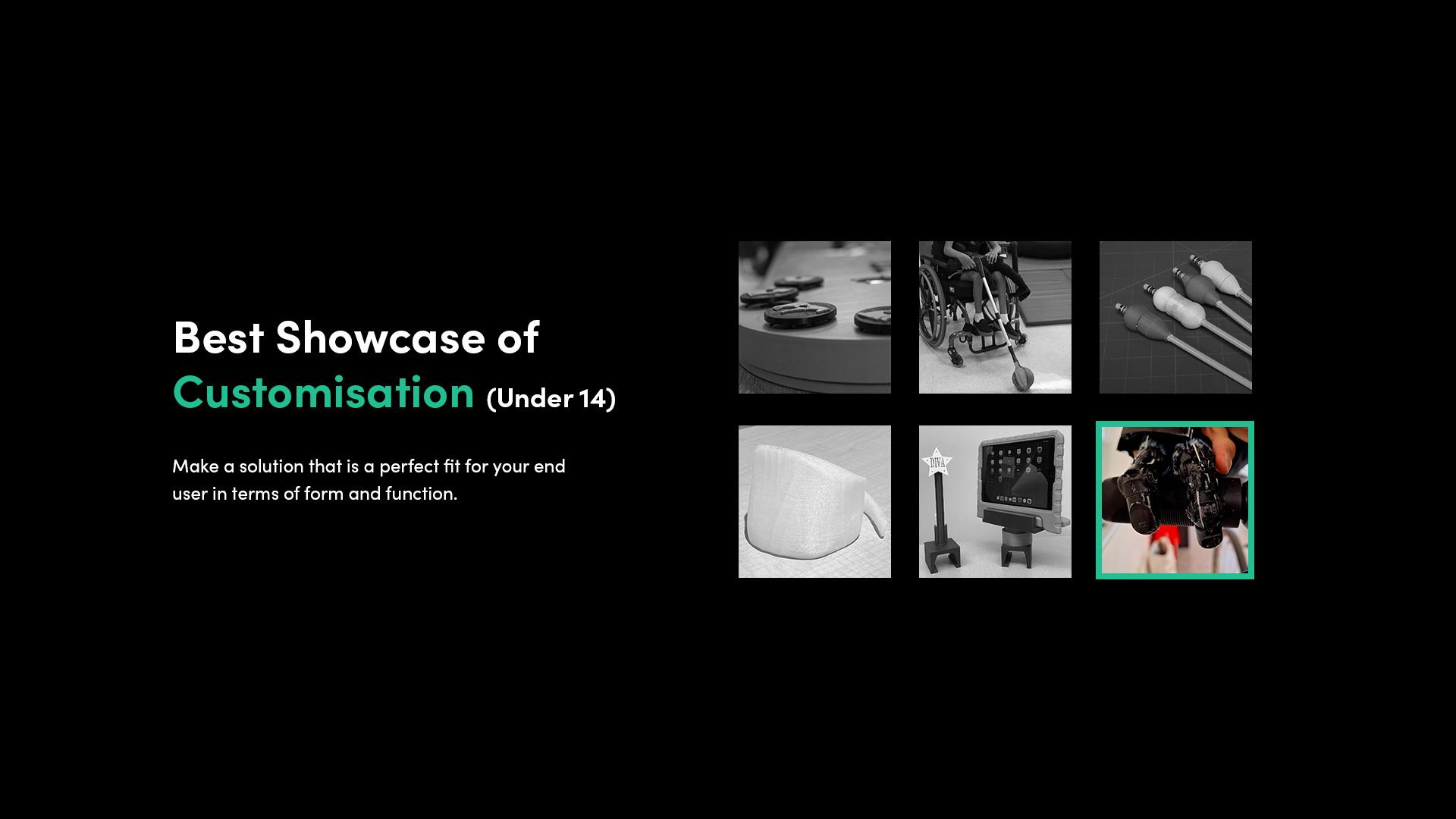 A selection of 3D printed assistive devices that made the finalist shortlist for the Make:able Challenge, with the winner highlighted.