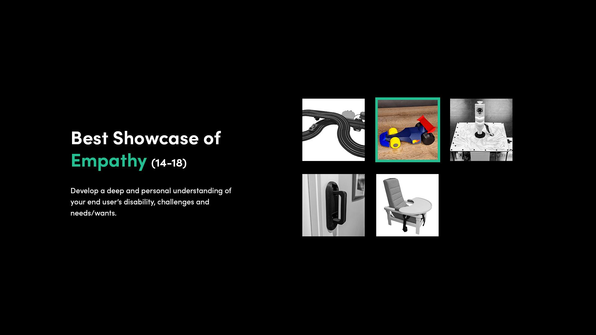 A selection of 3D printed assistive devices that made the finalist shortlist for the Make:able Challenge, with the winner highlighted.