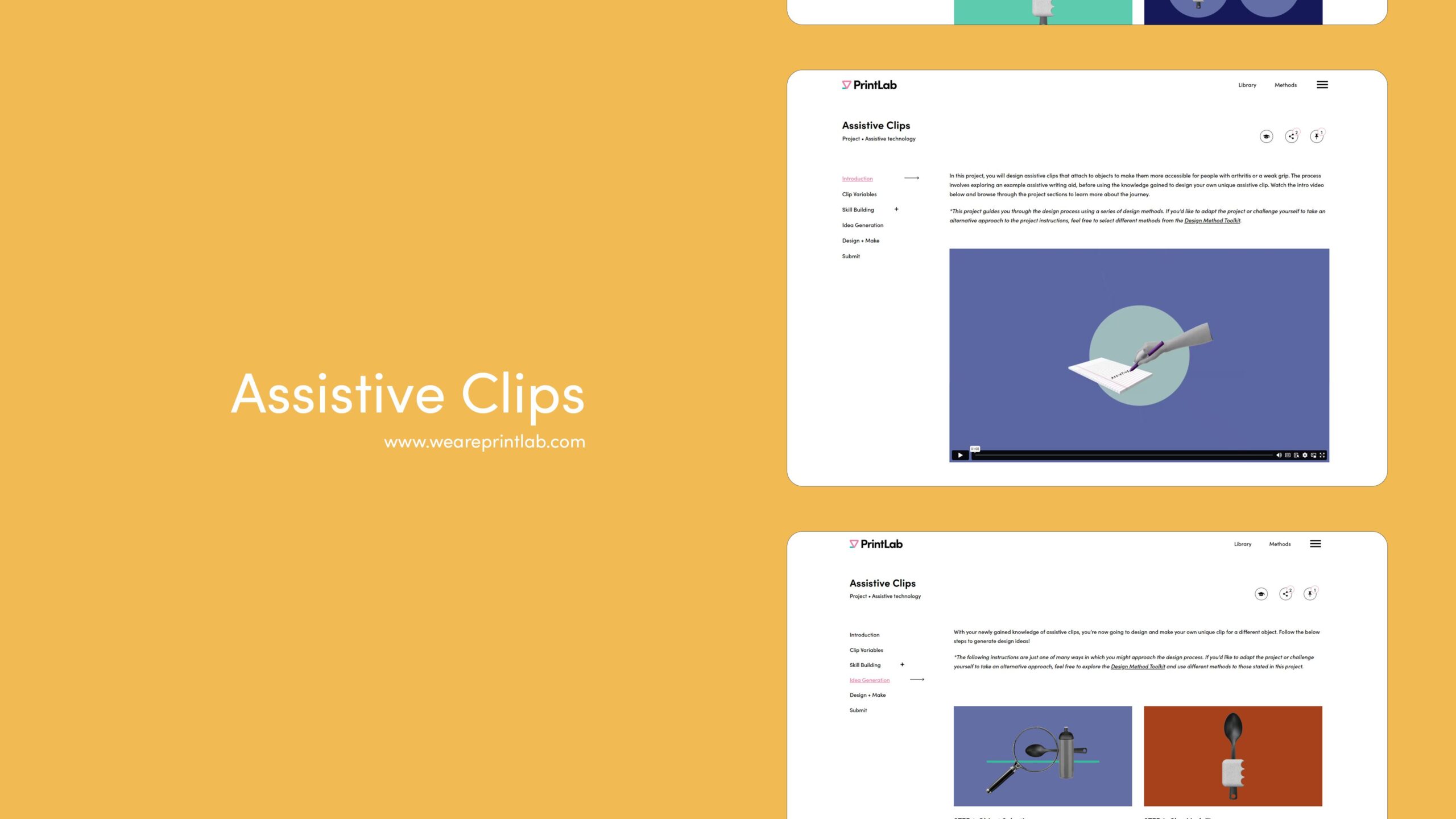 Website screens showing the learning platform for PrintLab's assistive clips project.