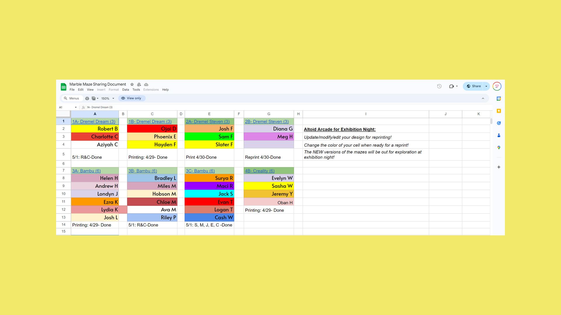 A google spreadsheet showing student names assigned to different 3D printers.