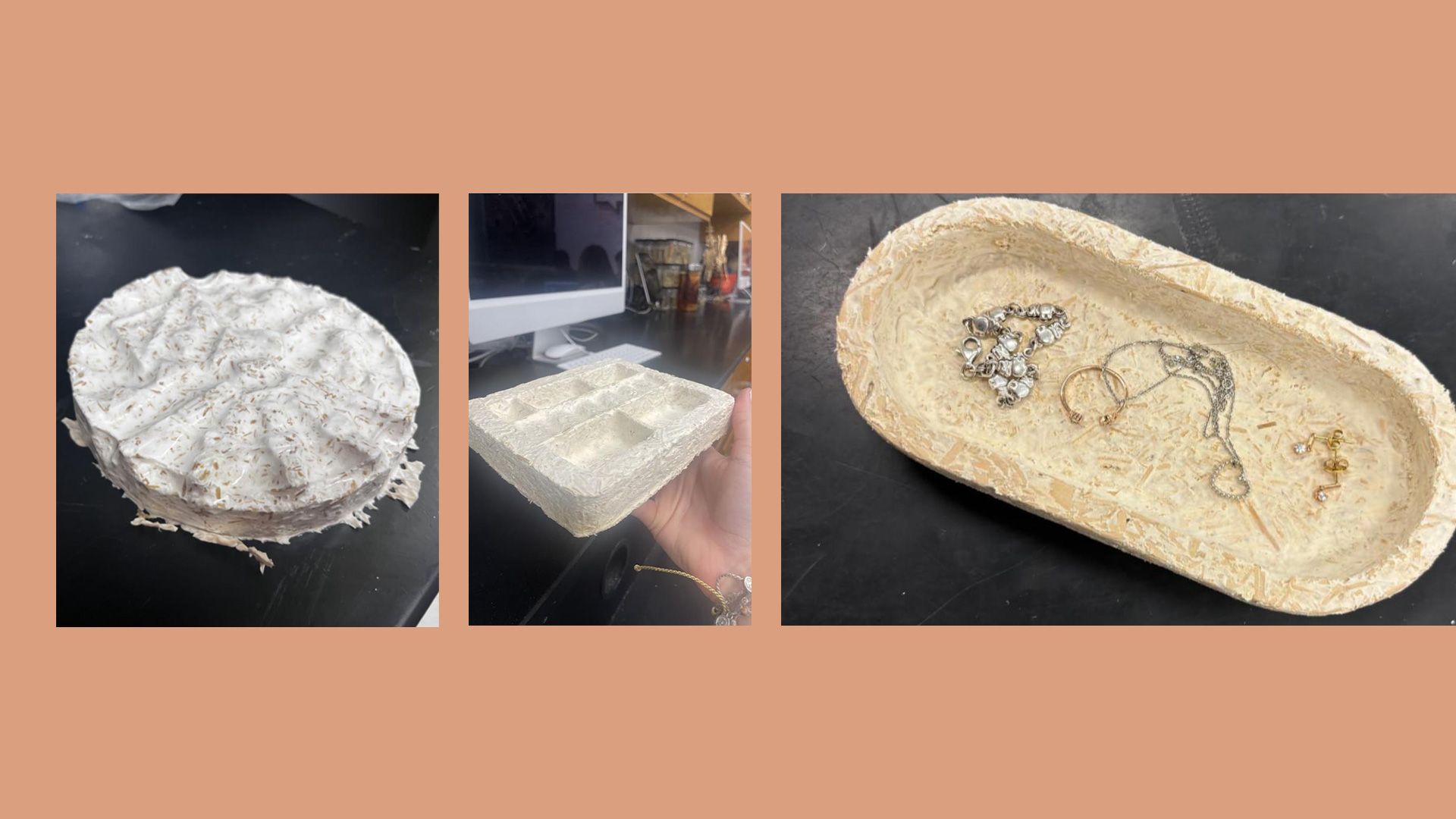 3 example products created from mycelium. An abstract art piece and 2 jewelry holders.