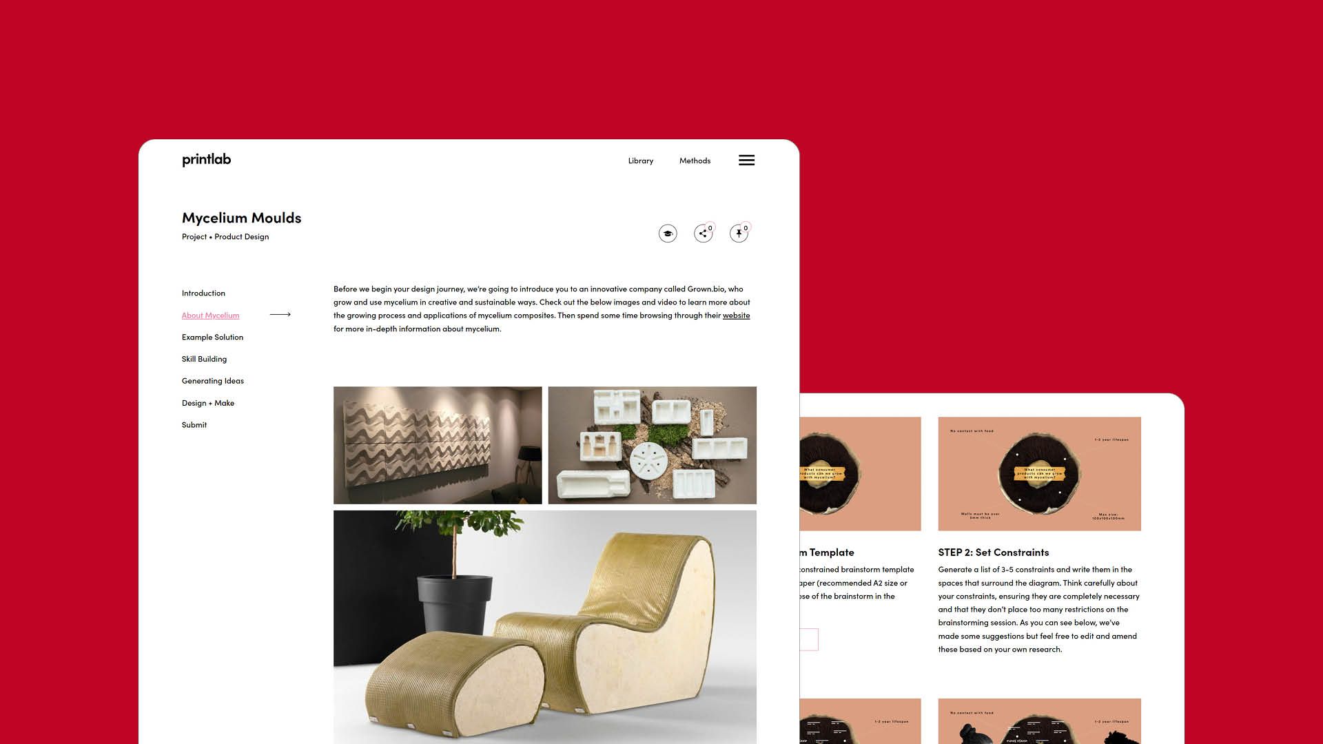 2 website screens showing the learning platform for PrintLab's Mycelium Moulds 3D printing project.