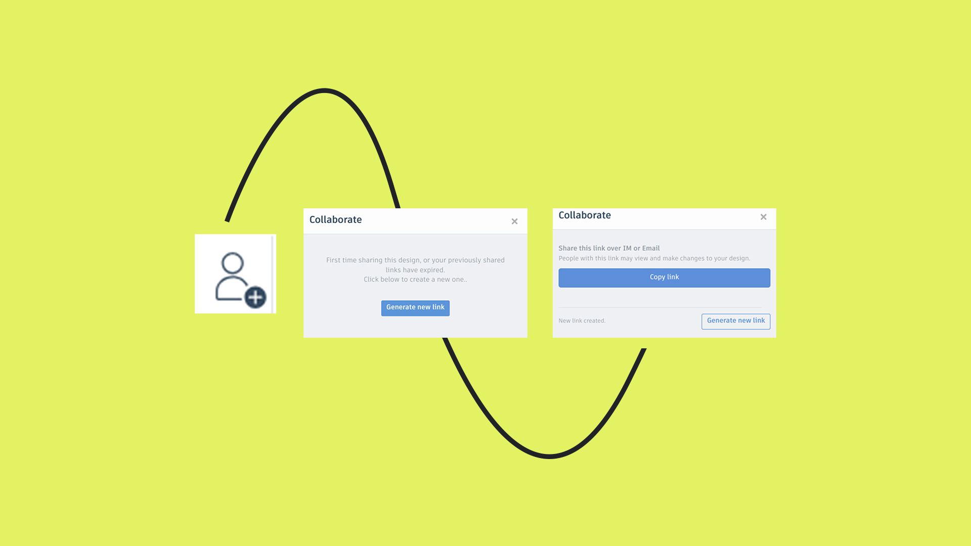 Screenshots from Tinkercad that show the process of generating collaboration share links.