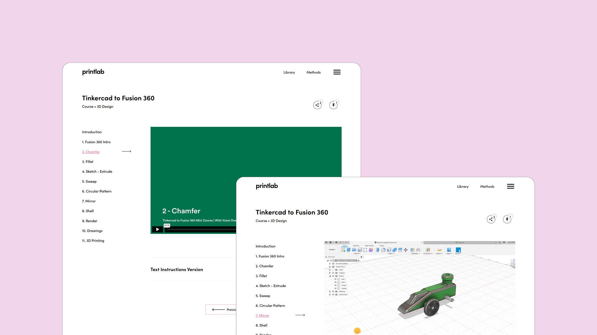 Website screens showing the learning platform for PrintLab's Tinkercad to Fusion mini course.