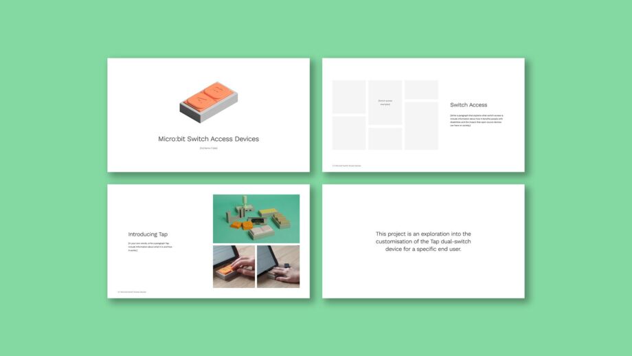 Portfolio template pages from PrintLab's Micro:bit switch access project.