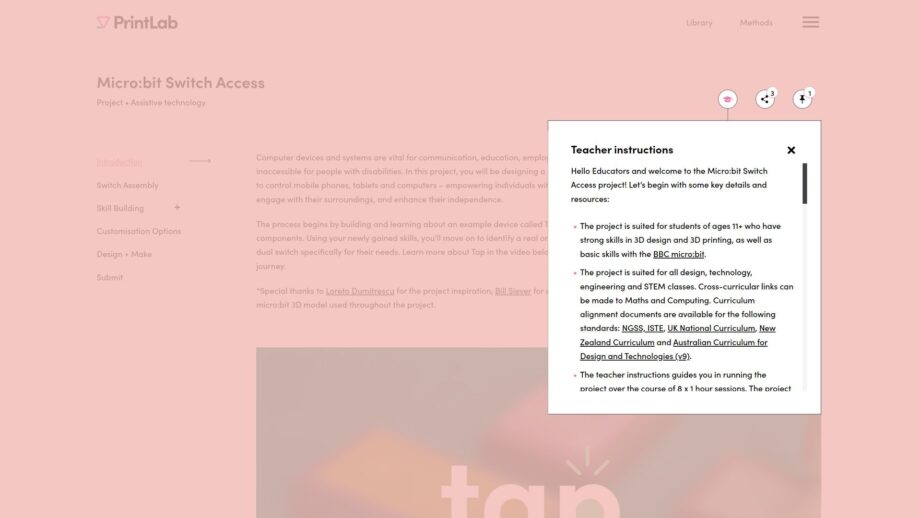 Website screen showing the teacher instructions popup from PrintLab's Micro:bit switch access project.