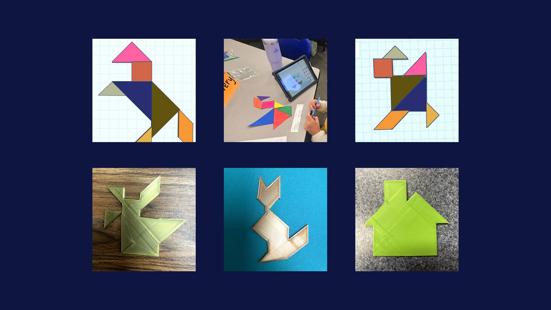 Collage of images showing Tinkercad designs and 3D prints of tactile tangram puzzles.