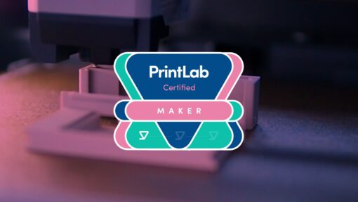 PrintLab Certified Maker badge overlaid onto an image of a 3D print bed.